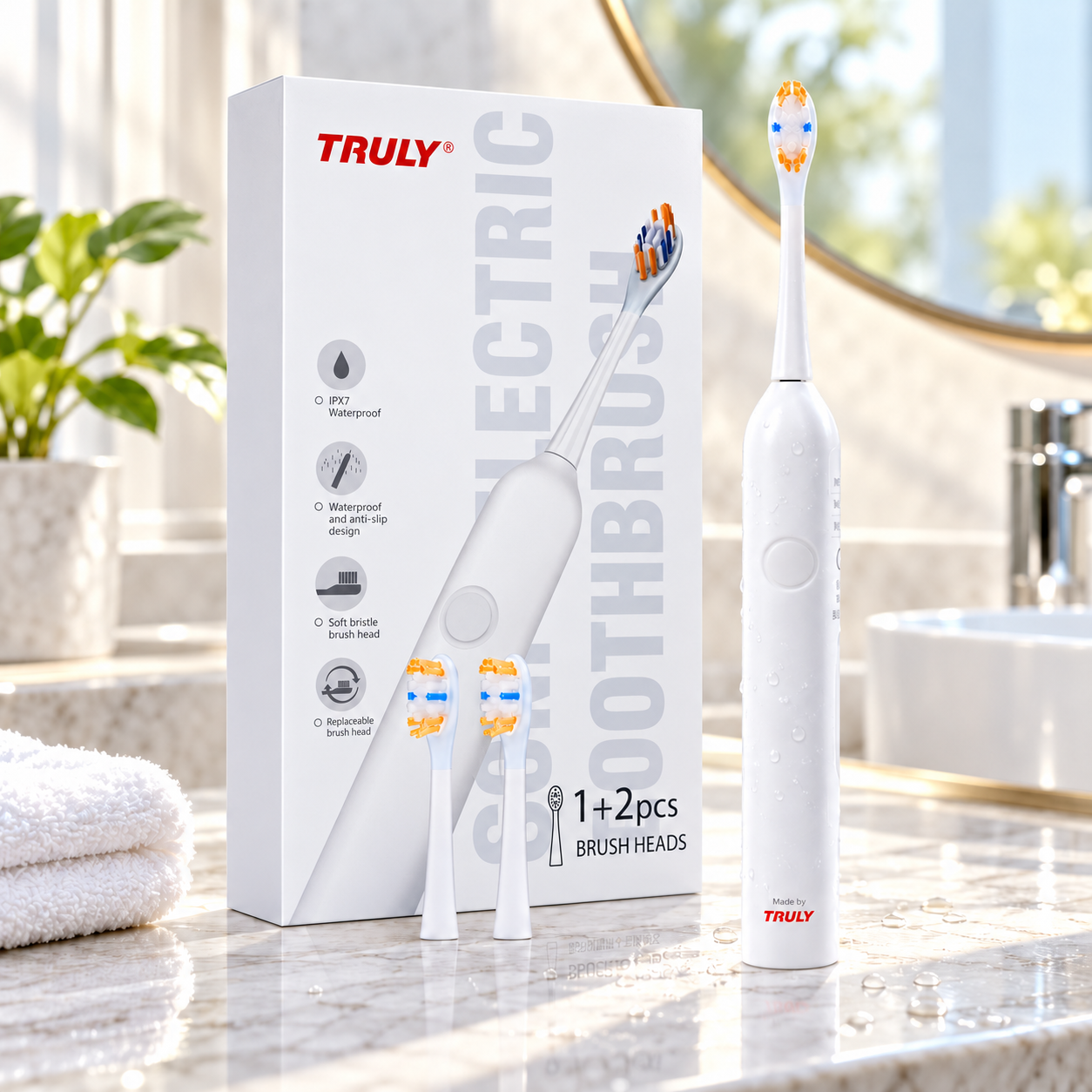 TRULY TBS0001 in a bright modern bathroom with English packaging
